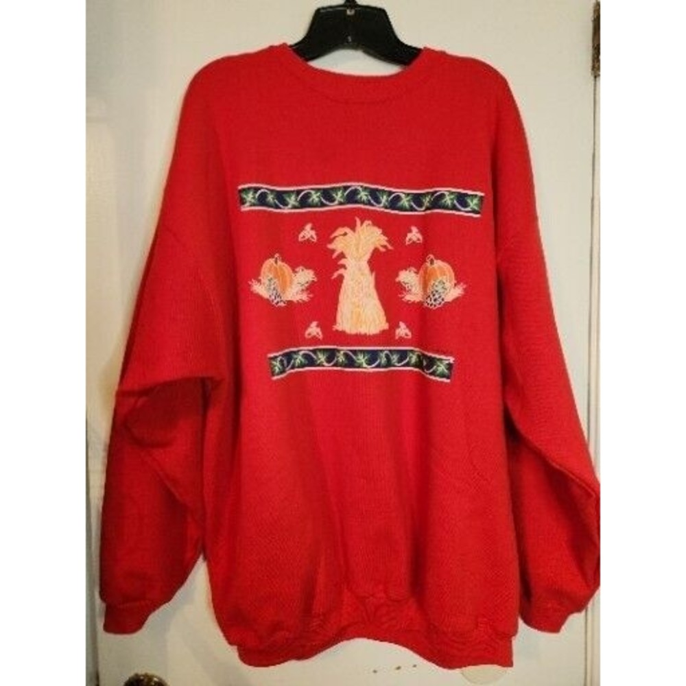 Fall Sweatshirt Pumpkins Leaves Straw Acorn Vintage Hanes XXL